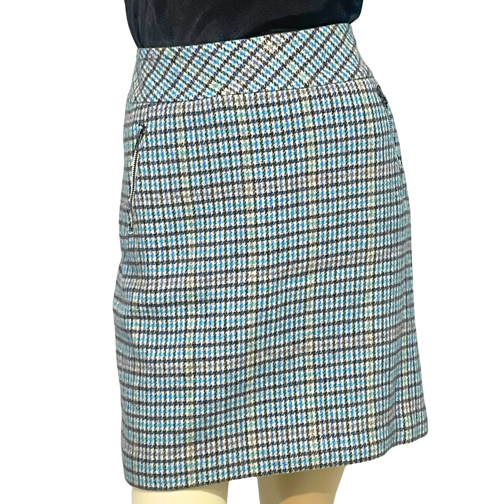 Talbots Sz 6 Pencil Skirt Short 19"L High Waist Side Zip Plaid Wool Teal & White